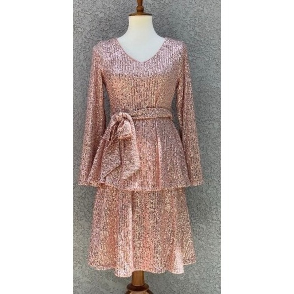 NWT Nanette Lepore Rose Gold Sequin Tiered V-Neck Belted Dress Size 6